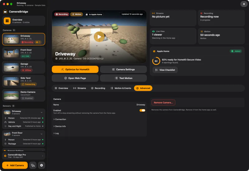 Advanced. Rename, disable, edit the connection or remove a camera without leaving the page.