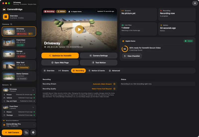Recording. HomeKit Secure Video recording stream and quality, with the current recording status.