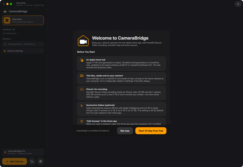 Welcome guide. What you need before you start, and the offer of a 14-day Camera Bridge Pro trial (or Not now).
