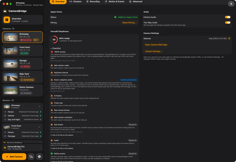 Needs an ONVIF user. Camera Bridge explains the lock-out and the steps to add an ONVIF user.