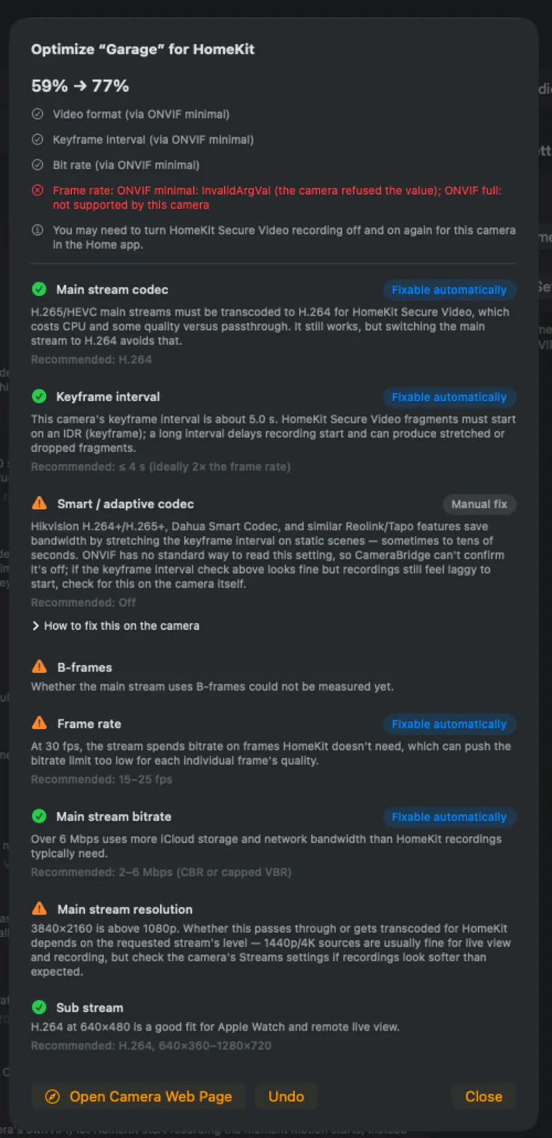 Optimize with failures. When a camera refuses a change, the result lists every method tried and why it failed.