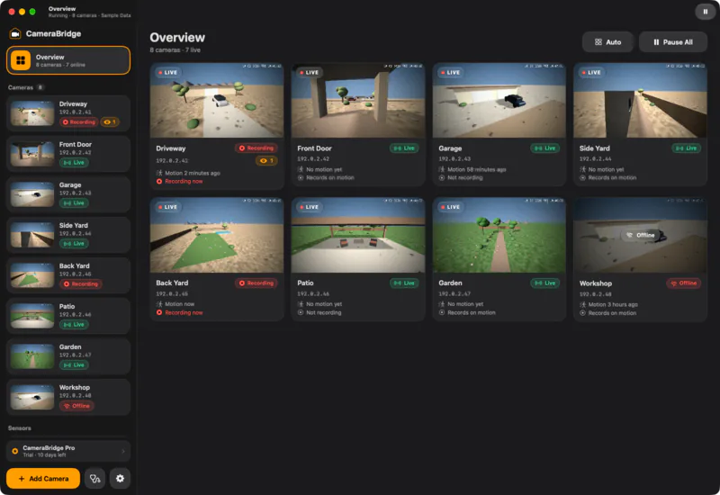 Overview: Every camera on one page. Play All turns each tile into a live picture, right on your Mac.
