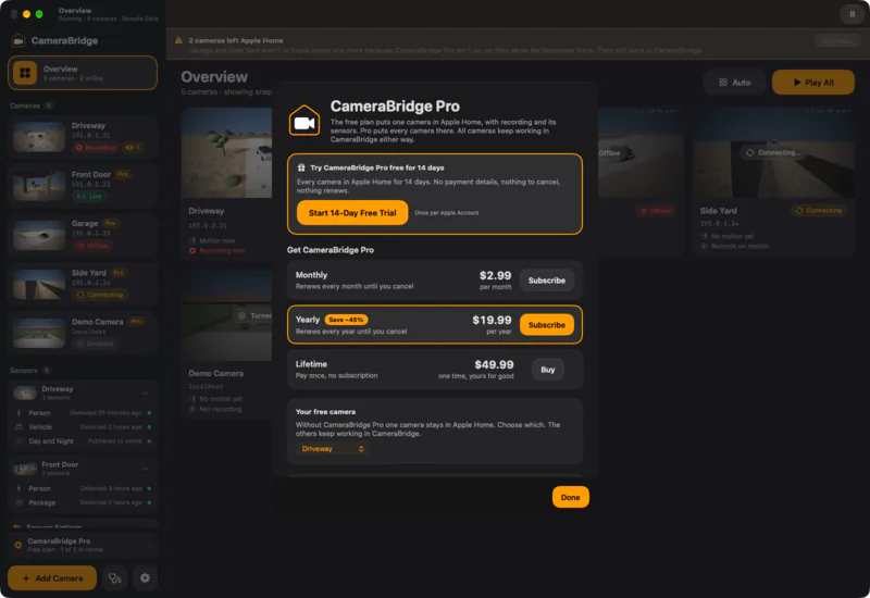 Camera Bridge Pro: Try Pro free for 14 days with no payment details, or choose monthly, yearly or a one-time purchase.