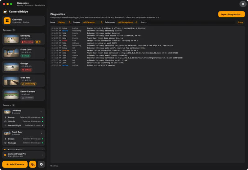 Diagnostics: Everything Camera Bridge logged, filtered by level, camera and subsystem.