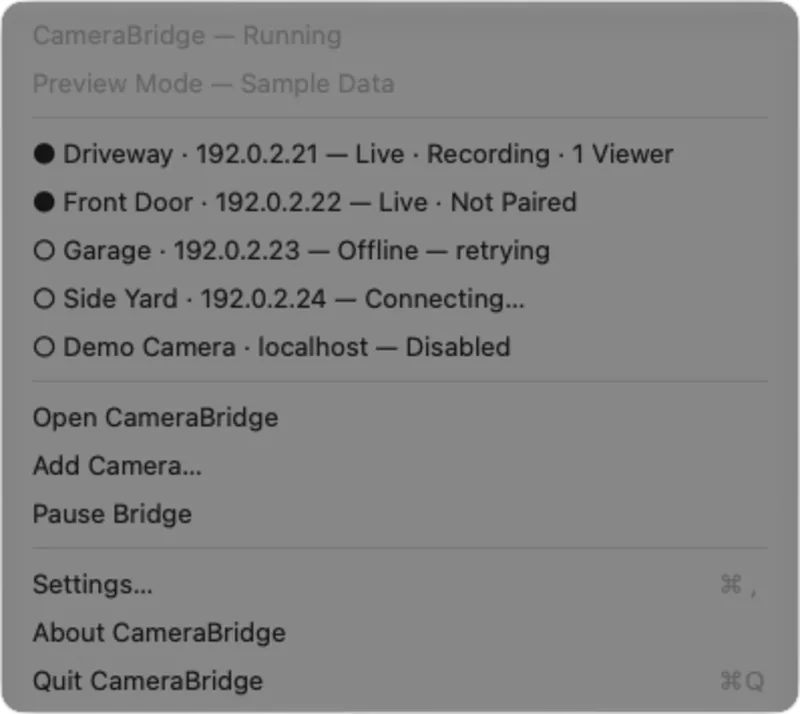 Menu bar. Camera Bridge lives in the menu bar: every camera's status, one click away.