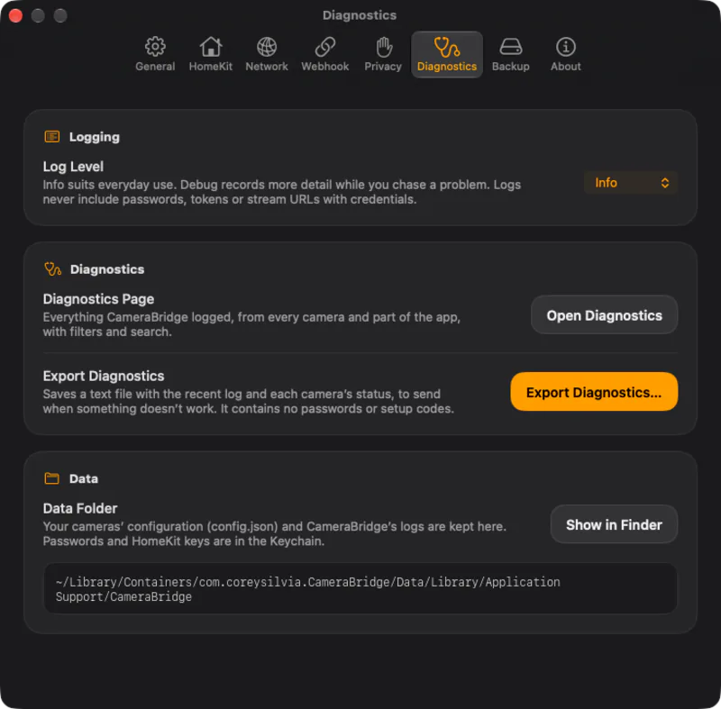 Diagnostics settings. Log level, export and where your data lives. Nothing leaves your Mac.