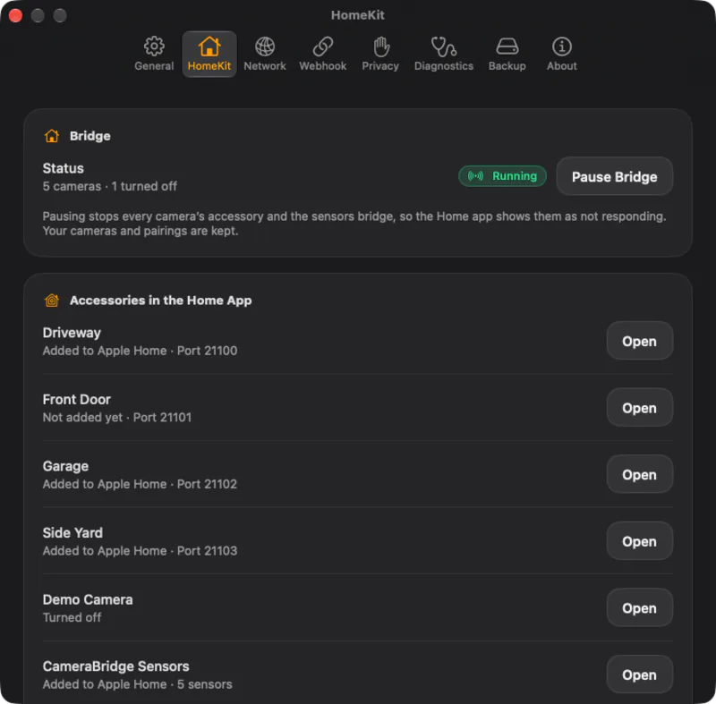 HomeKit. The bridge status and every accessory published to the Home app.