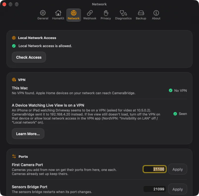 Network settings. Settings › Network shows whether this Mac or an Apple Home device was seen on a VPN.