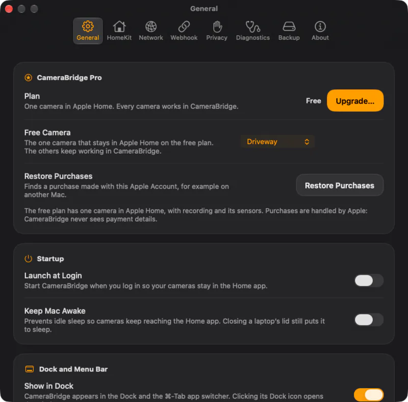 Free plan. Settings › General: the free plan keeps one camera in Apple Home, and you choose which.