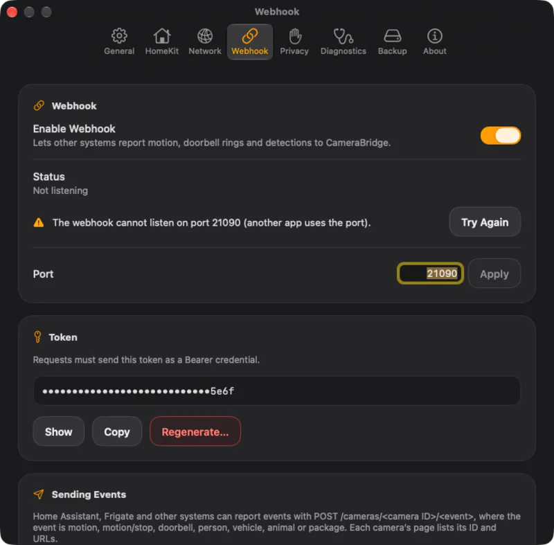 Webhook error in Settings. The same problem in Settings, next to the port you can change.