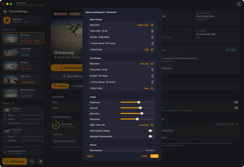 Camera settings. Change a camera's resolution, frame rate, keyframes and image settings within the ranges it reports.