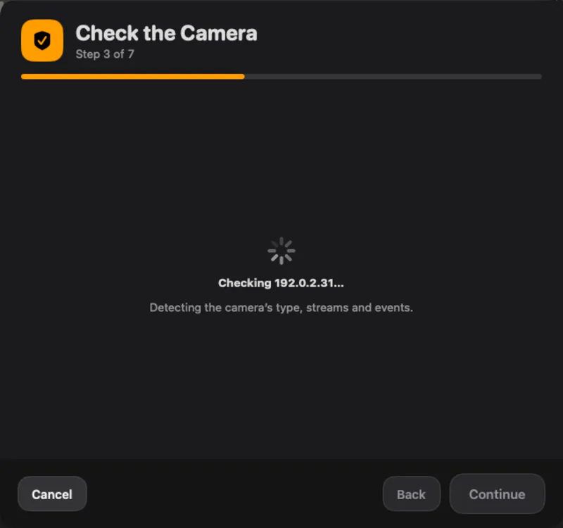 Checking the camera. Camera Bridge detects the camera's type, streams and events.