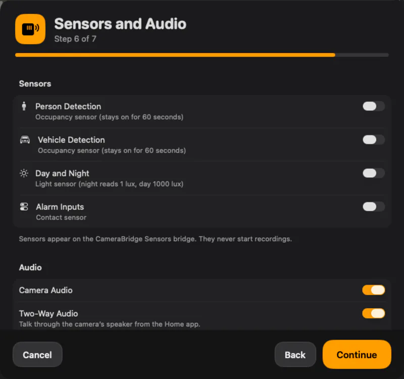 Sensors and audio. Optional sensors, camera audio and two-way talk.